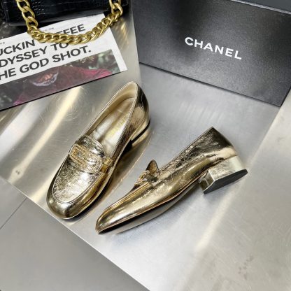 Chanel Early Spring Dance Shoes Series Small Round Head Gold Loafers Heel Height 3cm - Image 7