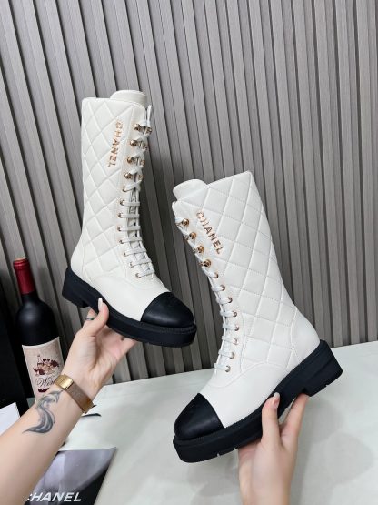 Chanel Autumn and Winter Electric Show Diamond Style Off-White Mid-Boots - Image 8