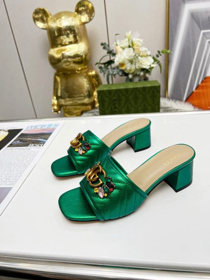 Gucci spring and summer new GG rhinestone buckle round toe thick heel slippers - Image 7