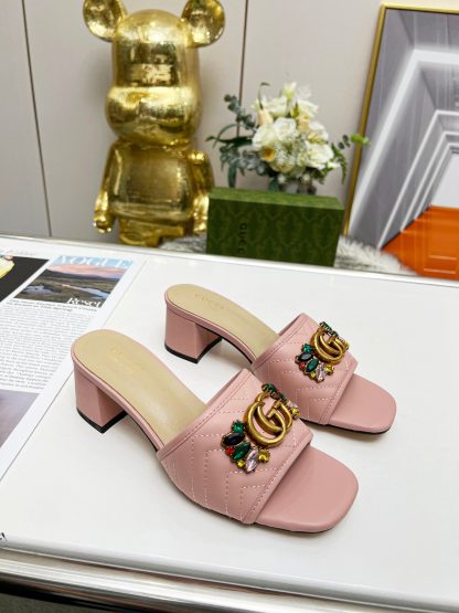 Gucci spring and summer new GG rhinestone buckle round toe thick heel slippers - Image 8