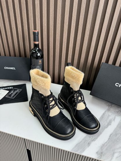 Chanel classic fashion black apricot simple lace-up boots - Image 8
