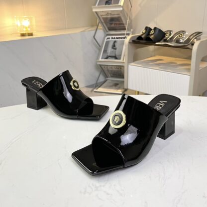 VERSACE shiny patent leather new square toe block heel sandals high heels - Image 8