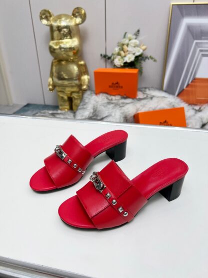 Hermès new spring and summer red thick-heeled sandals, heel height 5cm - Image 8