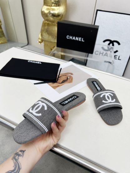 Chanel Grey New Fabric Lambskin Slippers - Image 8
