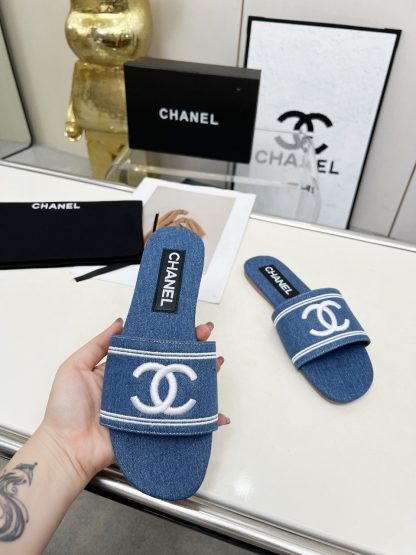 Chanel dark blue new fabric sheepskin slippers - Image 8