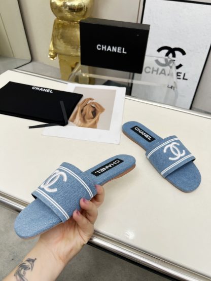 Chanel Light Blue New Fabric Sheepskin Slippers - Image 8