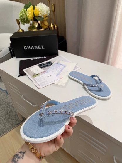 Chanel Spring New Denim Blue Chain Flip Flops - Image 8