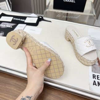 Chanel denim white spring and summer dancing shoes series slimming sandals with a heel height of 6.5cm