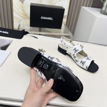 Chanel Spring and Summer Dance Shoes Series New White Chunky Heel Black Print Sandals Heel Height 2cm - Image 9