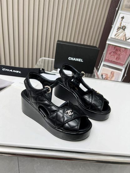Chanel black platform wedge heel thick-soled summer sandals - Image 8