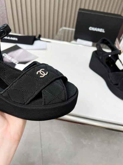Chanel Black Matte Platform Wedge Heel Thick-soled Summer Sandals - Image 7