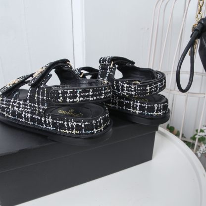 Chanel Temperament Denim Black and White Mixed Color Sandals - Image 9