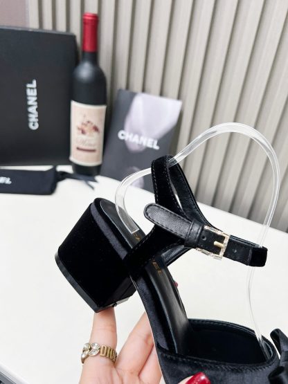 Chanel black velvet material spring and summer celebrity temperament super durable thick heel sandals - Image 8