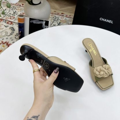 Chanel Spring and Summer Dancing Shoes Series Apricot Small Square Toe Camellia Stiletto Fashion Sandals - Image 9