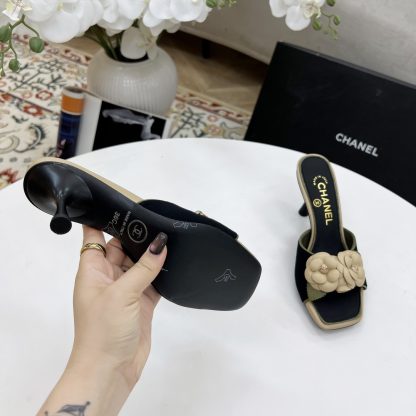 Chanel Spring and Summer Dancing Shoes Series Black Small Square Toe Camellia Stiletto Fashion Sandals - Image 9
