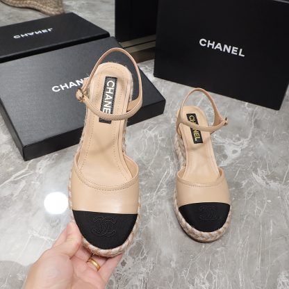 Chanel apricot hemp rope contrast color outsole wedge heel fashionable sandals heel height 7cm - Image 9