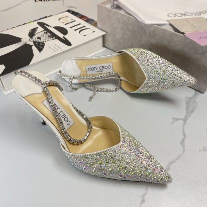 Jimmy Choo Classic Diamond Chain Pointed Crystal High Heel Sandals - Image 9