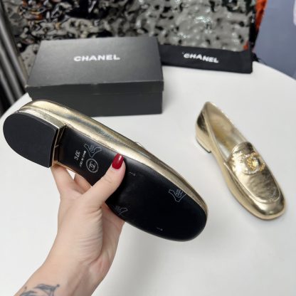Chanel Early Spring Dance Shoes Series Small Round Toe Slim Gold Loafers - Image 9