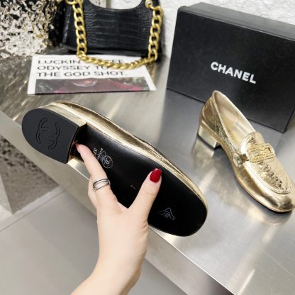 Chanel Early Spring Dance Shoes Series Small Round Head Gold Loafers Heel Height 3cm - Image 8