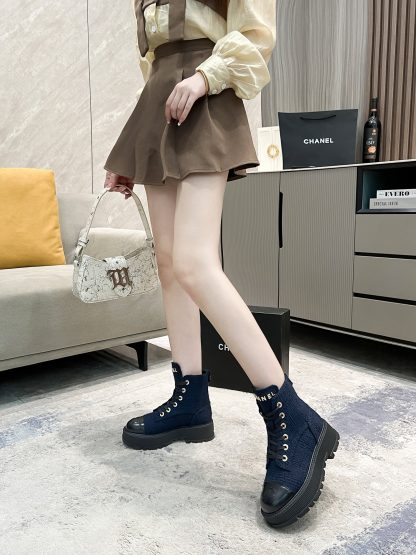 Chanel autumn and winter new dark blue strap design non-slip boots - Image 7