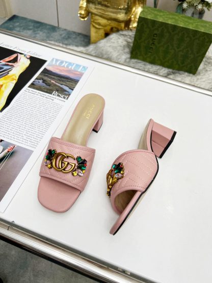 Gucci spring and summer new GG rhinestone buckle round toe thick heel slippers - Image 9