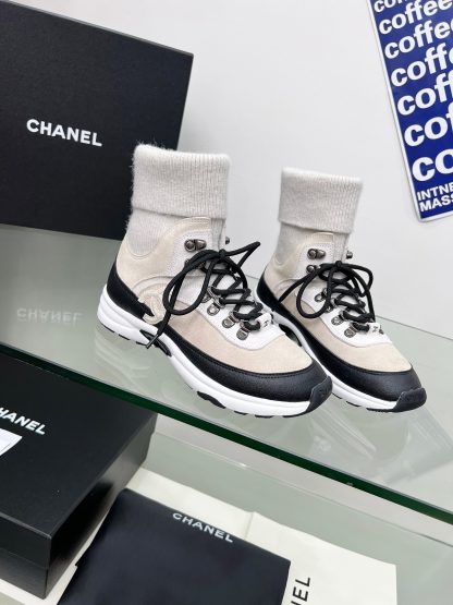 Chanel apricot black mixed socks leather casual sneakers - Image 7