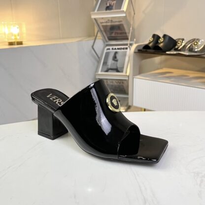VERSACE shiny patent leather new square toe block heel sandals high heels - Image 9