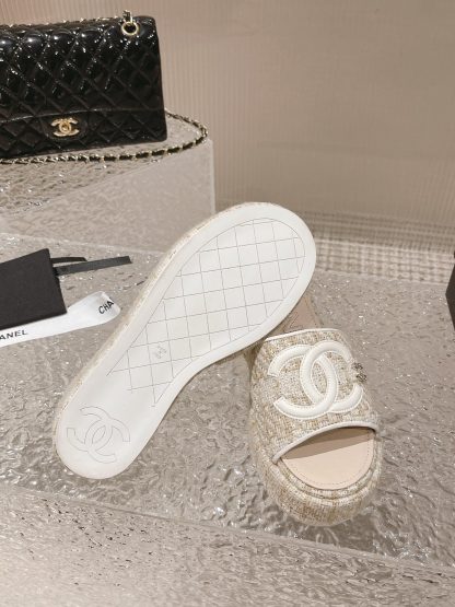 Chanel summer classic beige double c design stylish and comfortable slippers front 3cm back 7cm - Image 9