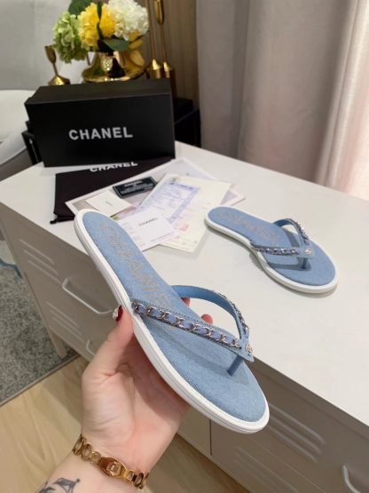 Chanel Spring New Denim Blue Chain Flip Flops - Image 9