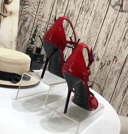 YSL Bright Red Logo Letter Metal Buckle Decorative High Heel Sandals - Image 8