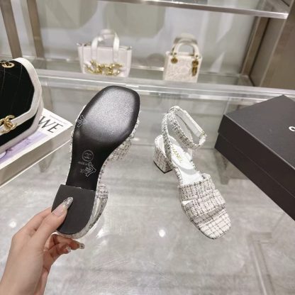 Chanel black and white spring and summer new embroidered Linge classic sandals heel height 5cm - Image 9