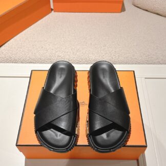 Hermes black brown comfortable casual style cross-slippers
