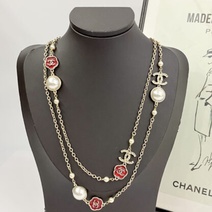Chanel Vintage Red Flower Pearl Double C Necklace - Image 2
