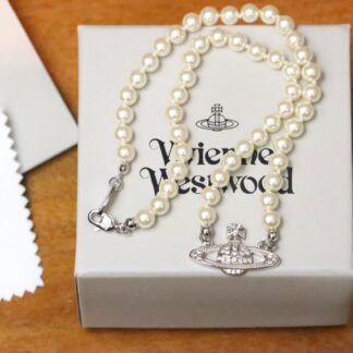 Vivienne Westwood White Diamond Saturn Pearl Necklace