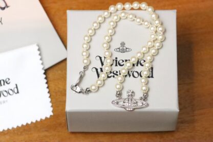Vivienne Westwood White Diamond Saturn Pearl Necklace