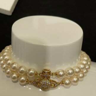 Vivienne Westwood Gold Diamond Saturn Magnetic Clasp Double Pearl Necklace