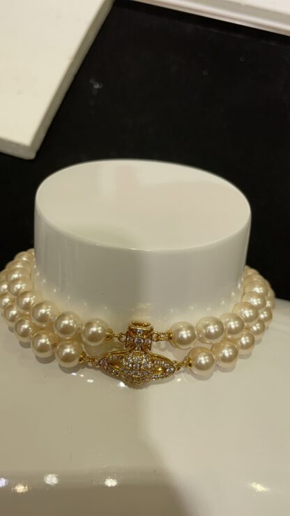 Vivienne Westwood Gold Diamond Saturn Magnetic Clasp Double Pearl Necklace