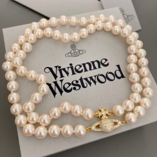 Vivienne Westwood Saturn double pearl necklace with full diamonds