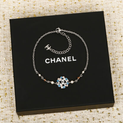 Chanel blue heart flower double c necklace
