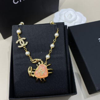 Chanel glass pink gold rhinestone double c crab necklace