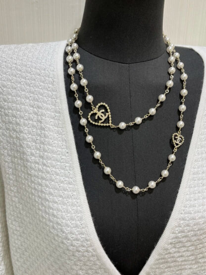 Chanel Hollow Heart Diamond Double C Pearl Necklace - Image 2