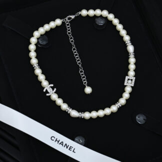 Chanel Full Diamond Square Pearl Letter Necklace