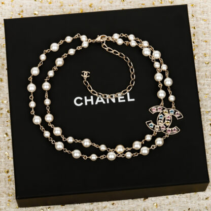 Chanel Double Pearl Rainbow Diamond Necklace - Image 2