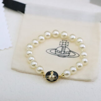 Vivienne Westwood Round Black Enamel Saturn Pearl Bracelet