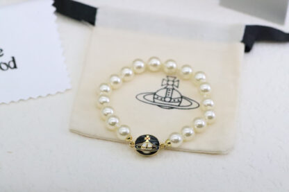 Vivienne Westwood Round Black Enamel Saturn Pearl Bracelet