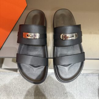 Hermes summer black gold buckle pure handmade high-end sandals