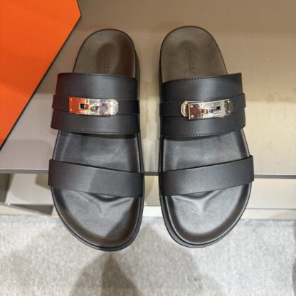 Hermes summer black gold buckle pure handmade high-end sandals