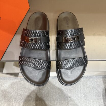 Hermes summer black silver buckle pure handmade high-end sandals