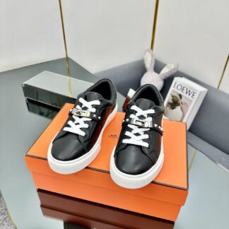 Hermes couple thick-soled lace-up fashionable black casual shoes