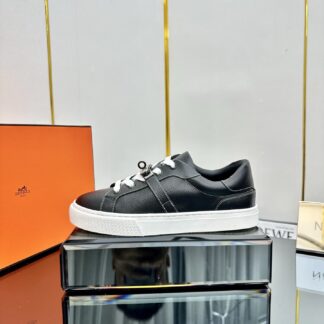 Hermes couple's lace-up thick-soled pure black comfortable casual shoes